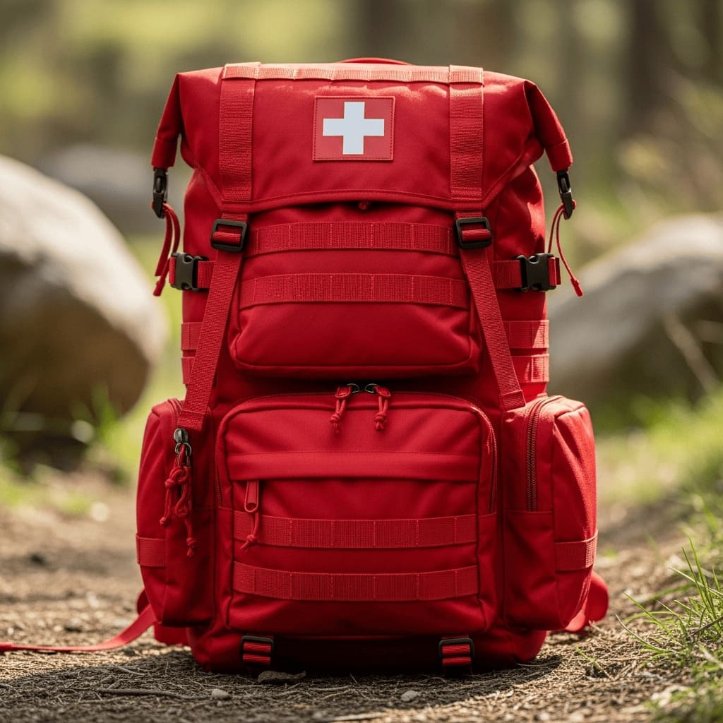 Ansicht eines geschlossenen und gefüllten Notfallrucksacks für unterwegs